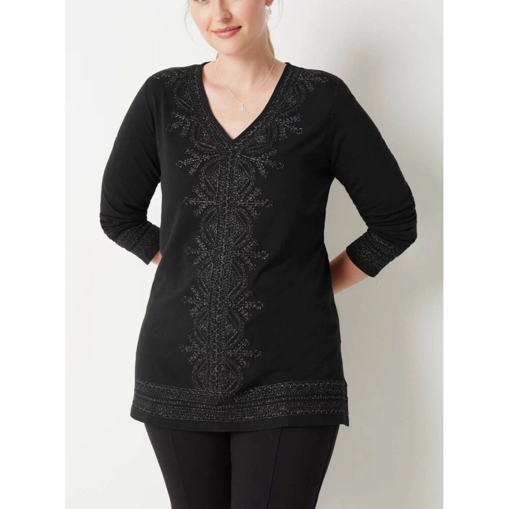 J. Jill Black Metallic-Embroidered Long sleeve Tunic Size Medium Boho Minimalist